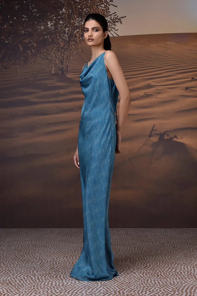 Genes Lecoanet Hemant Retro Blue Satin Cowl Neck Dress