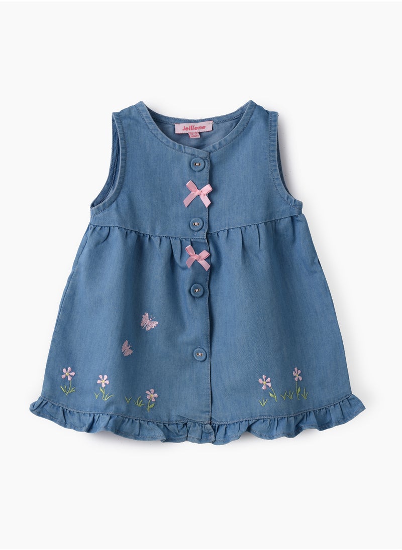Jelliene Girls Blue Sleeveless Embroidered Denim Dress  - Image 1
