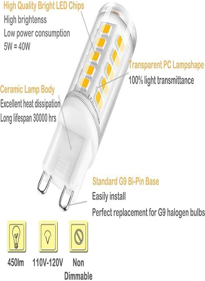 Bukela - مصباح LED G9 بقاعدة مزدوجة 5 وات، مصباح هالوجين بديل 40 وات 6000 كلفن، مصباح معلق G9 أبيض بقاعدة خالية من الوميض، إضاءة منزلية غير قابلة للتعتيم، (عبوة من 5 قطع) - Image 1