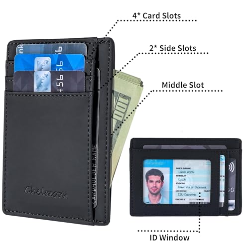 Chelmon Slim Wallet for Men, Minimalist Front Pocket RFID Blocking Credit Card Holder, Black Crazy Horse - Image 2