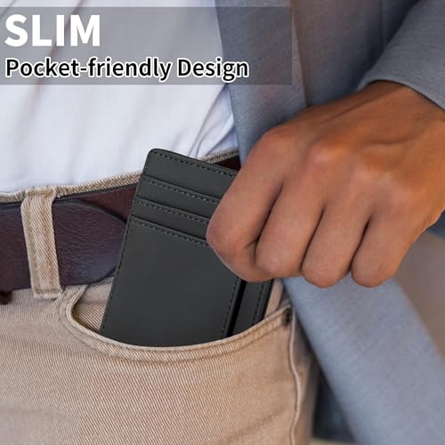 Chelmon Slim Wallet for Men, Minimalist Front Pocket RFID Blocking Credit Card Holder, Black Crazy Horse - Image 5