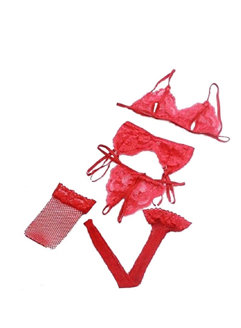 4Pcs Women Lingerie Set Deep V Neck Teddy Strap Babydoll Bodysuit .  - Image 1