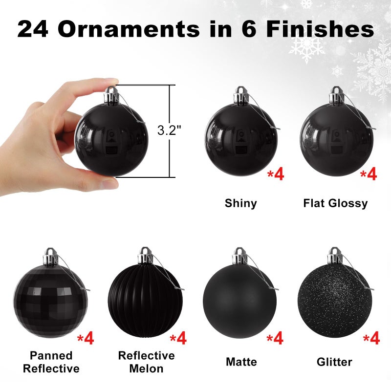 GameXcel Black 3.2"" Large Christmas Balls - Christmas Tree Decoration Ornaments Shatterproof Hanging Balls For Birthday Halloween Mardi Gras Holiday Wedding Decorations Set Of 24Pcs - Image 2