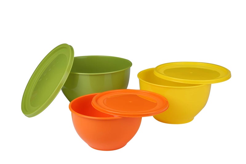 All Time Mixing Bowl Set of 3 with Lids | Microwave Safe Plastic | BPA-Free Storage & Mixing Bowls – Multicolor (1650ml, 1950ml, 2200ml) - Image 1