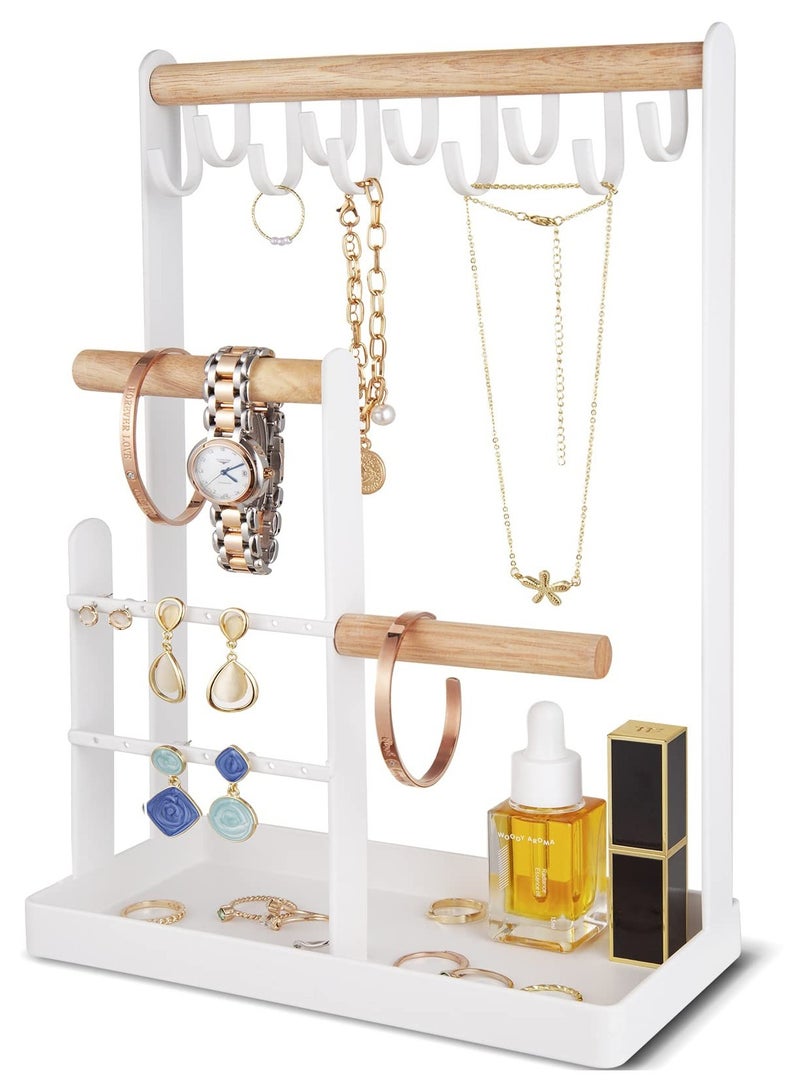Excefore Jewelry Organizer Stand with Earring Tray and 10 Hooks Necklace Holder Display for Earrings Watches Bracelet Rings Jewelry Tower Rack for Women - Image 1