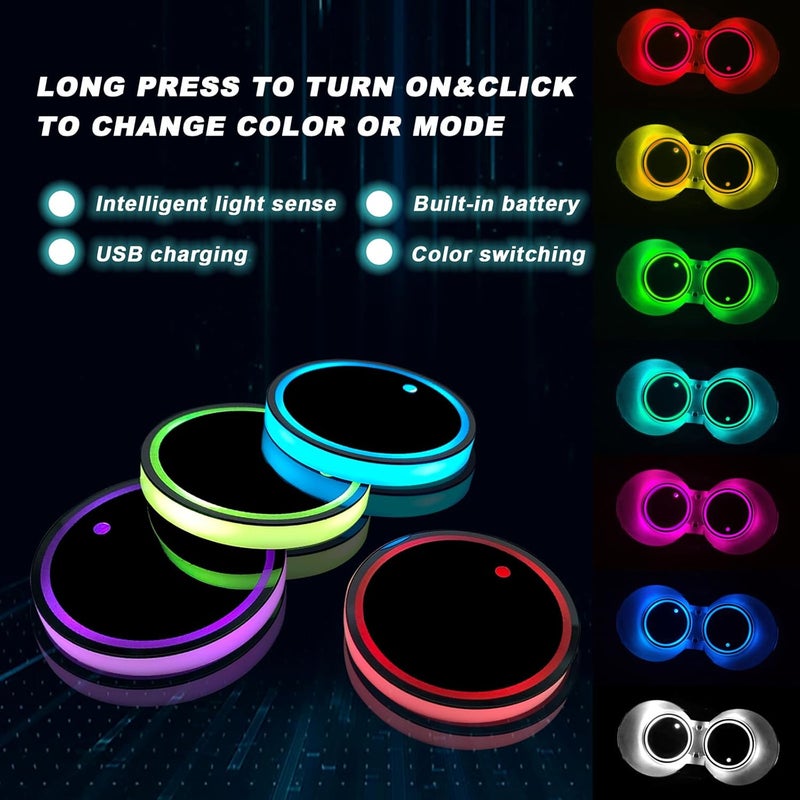 4 قطعات من حاملات أكواب سيارة بمصابيح LED، حامل أكواب مقاوم للماء مع مات شحن USB بتغيير 7 ألوان، زخارف لمبة جو داخلية LED مع 2 كبلات USB لملحقات سيارات وشاحنات وسائل النقل - Image 4