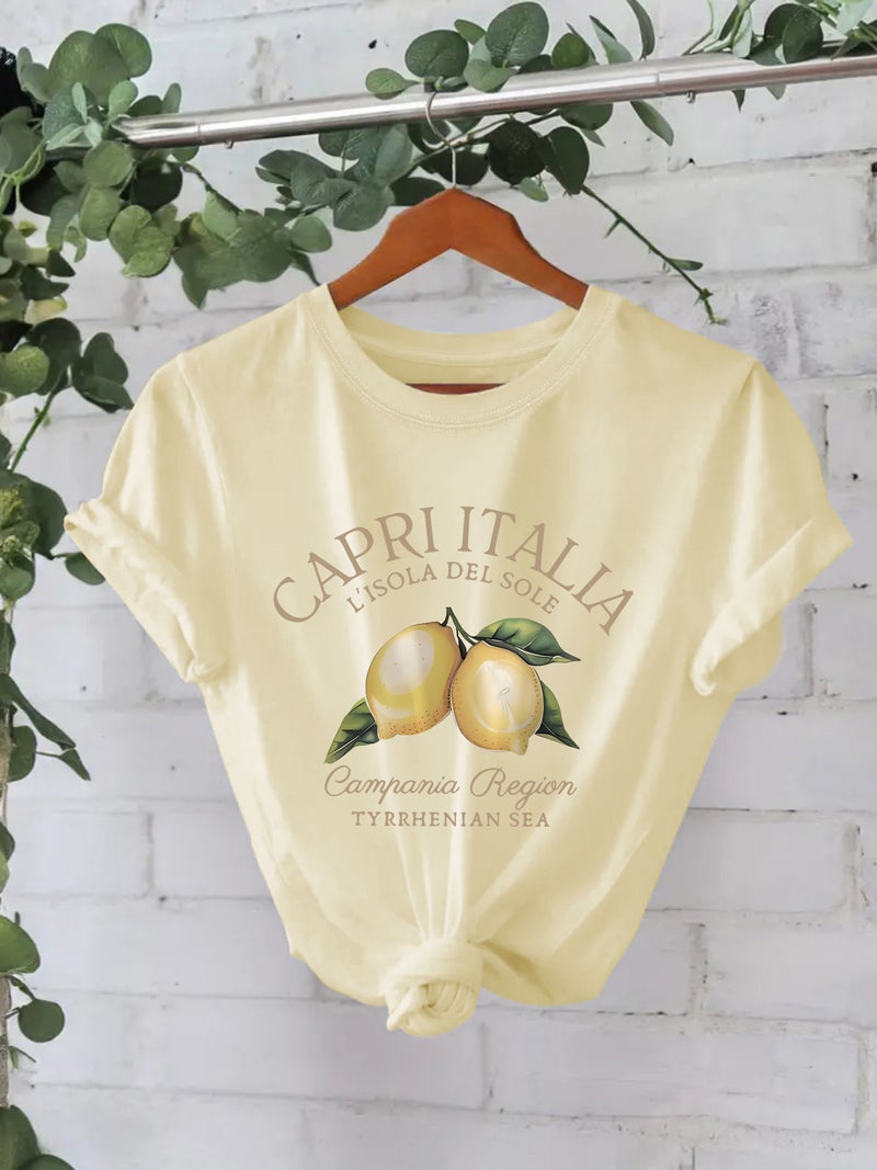 Pure Cotton T-Shirt Summer Short Sleeve Round Neck American Lemon Pattern Printed T-Shirt Women Factory - Image 1