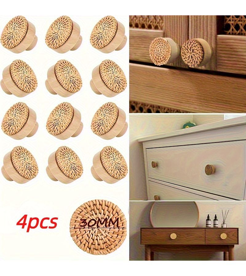 4pcs Rattan Woven Round Wooden Drawer Pulls Easy Cabinet Handles - Image 1