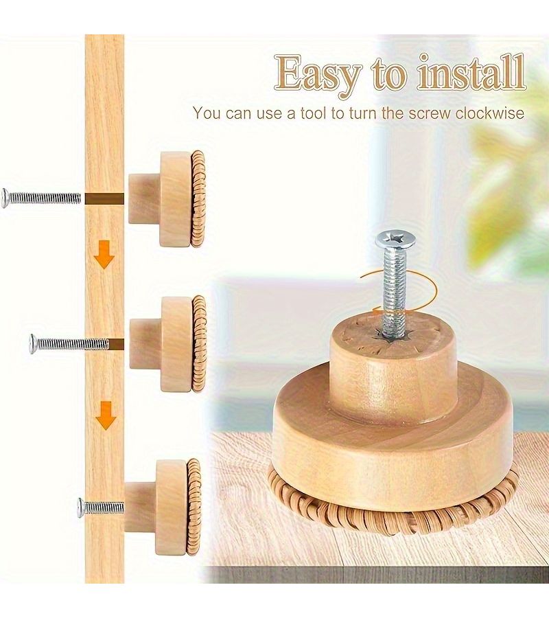 4pcs Rattan Woven Round Wooden Drawer Pulls Easy Cabinet Handles - Image 3