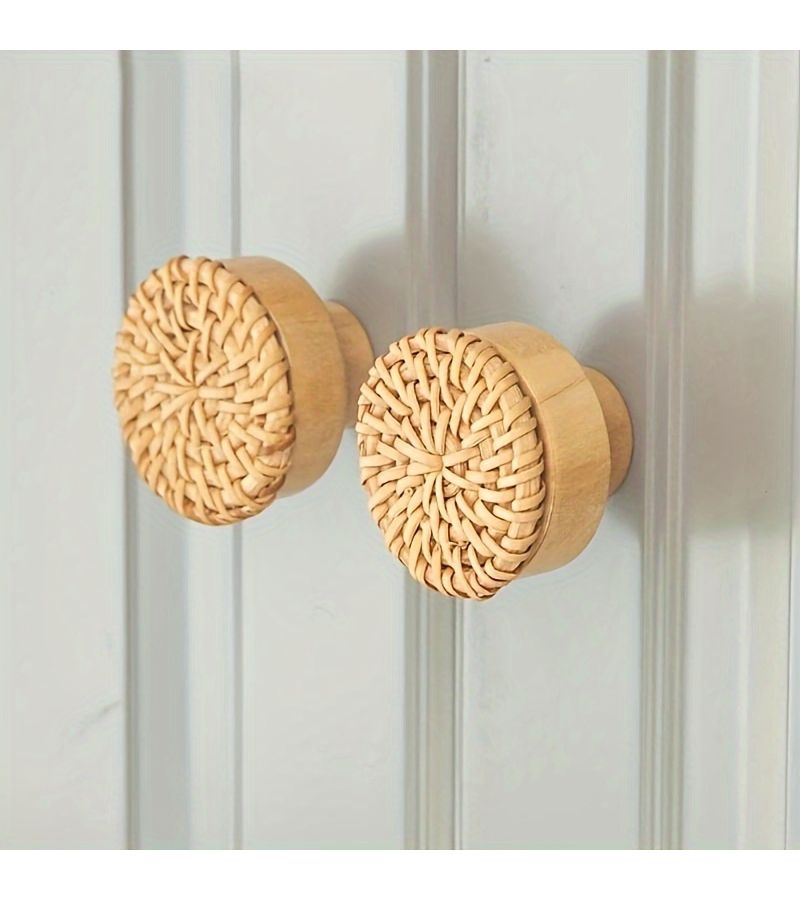 4pcs Rattan Woven Round Wooden Drawer Pulls Easy Cabinet Handles - Image 5
