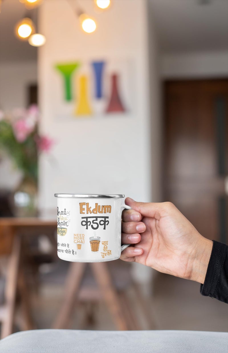 TAJNAN Unbreakable Enamel | Mountains Travel Print | Ekdum Kadak Chai Enamel Mug | Hindi Quote Metal Tea Cup with Fun Desi Phrases | Unbreakable Chai Lover Gift Mug - Image 2