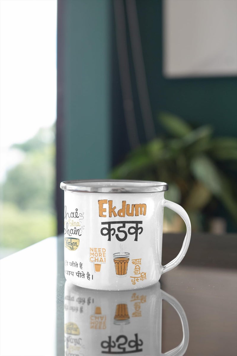 TAJNAN Unbreakable Enamel | Mountains Travel Print | Ekdum Kadak Chai Enamel Mug | Hindi Quote Metal Tea Cup with Fun Desi Phrases | Unbreakable Chai Lover Gift Mug - Image 1
