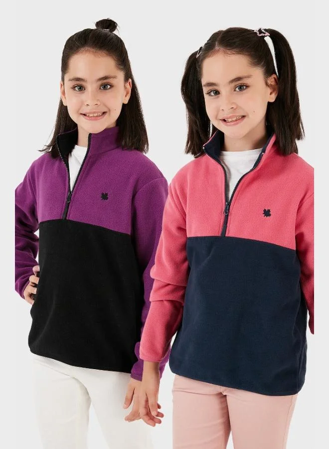 ليلا ليلا سويت شيرت قطعتين بياقة واقفة وسحاب نصي لون موحد للأطفال