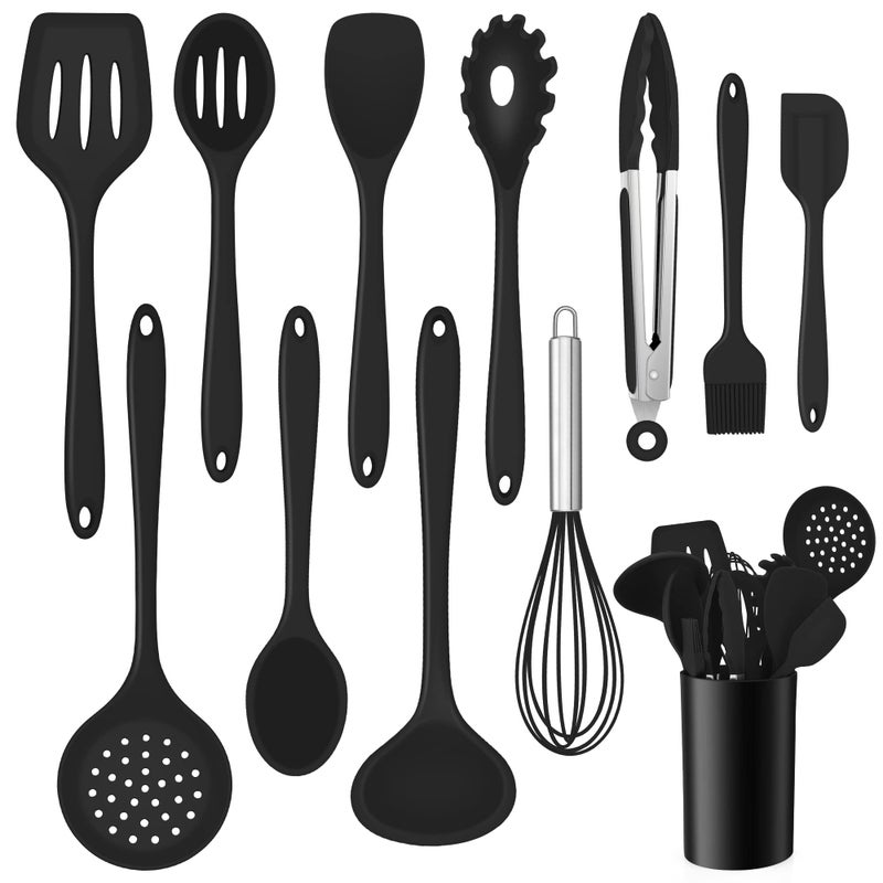 Onader Kitchen Utensil Set 12 Piece Silicone Cooking Utensils with Holder Heat Resistant Kitchen Tools Turner Spatula Spoon for NonStick Cookware Easy Clean  Dishwasher Safe Black