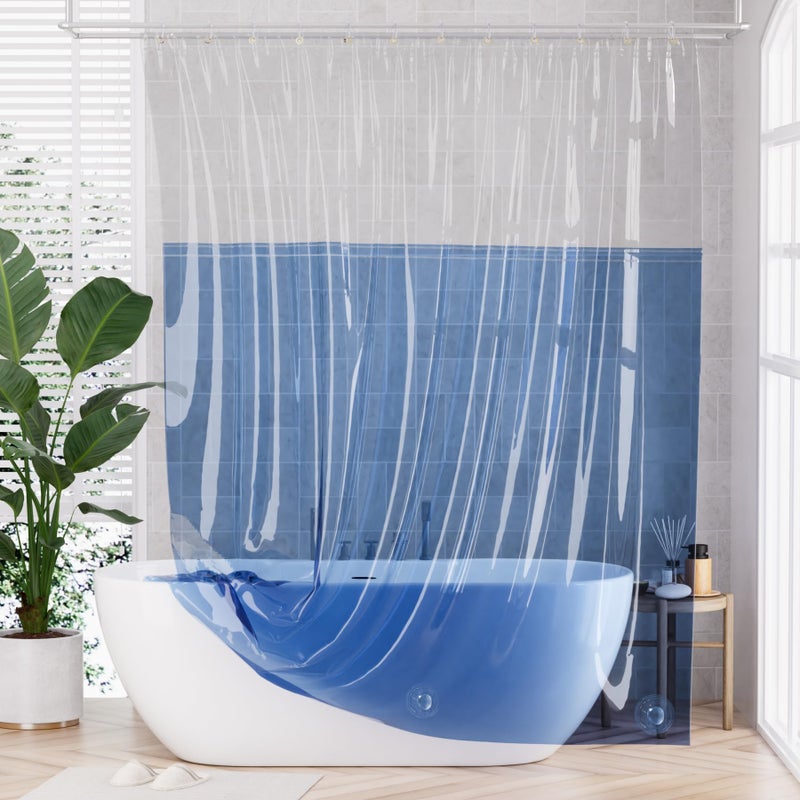 AmazerBath 100% EVA Shower Curtain Liner, 72 x 72 Inches Heavy Duty Shower Curtain and Liner 2-in-1 with 3 Clear Stones and 12 Brass Grommets, Color Block Soft Shower Liner - Clear & Ocean Blue - Image 1
