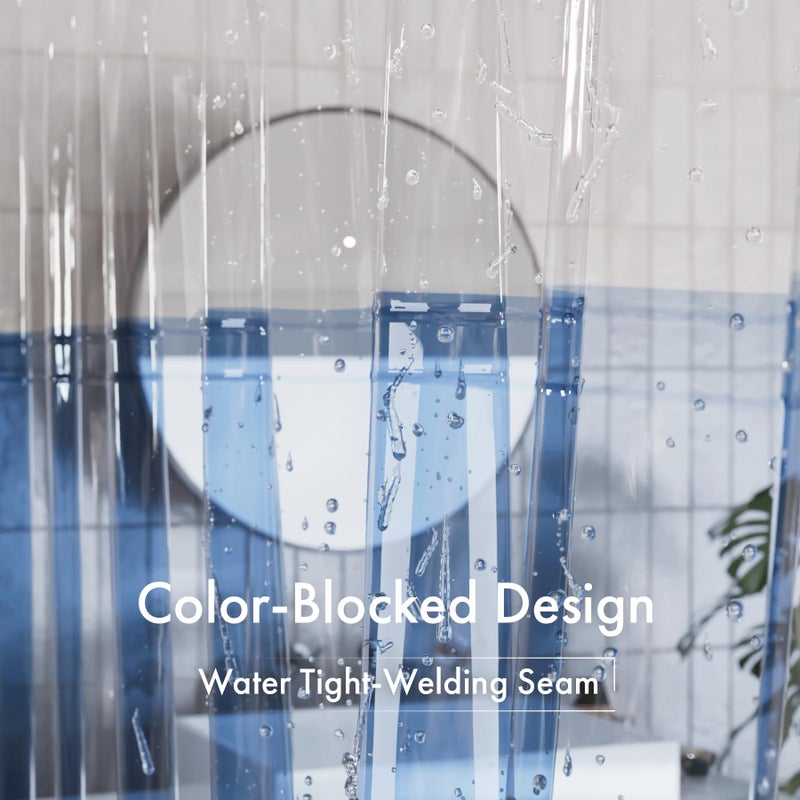 AmazerBath 100% EVA Shower Curtain Liner, 72 x 72 Inches Heavy Duty Shower Curtain and Liner 2-in-1 with 3 Clear Stones and 12 Brass Grommets, Color Block Soft Shower Liner - Clear & Ocean Blue - Image 2