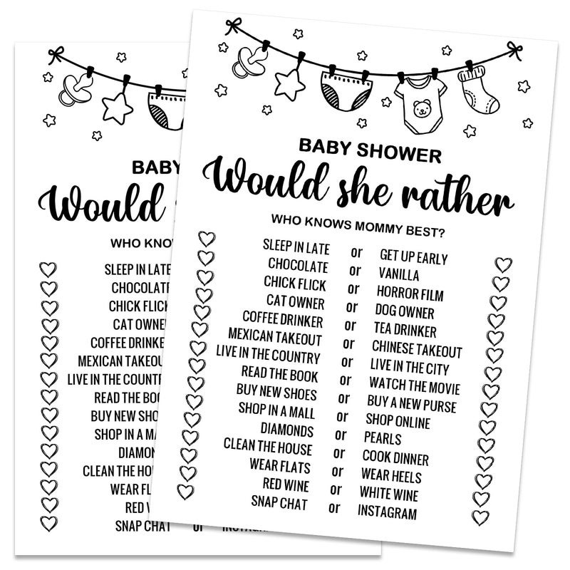 Baby Shower Game Cards  Would She Rather Set of 30 Cards  Rustic Bridal Wedding or Bachelorette Party Ideas