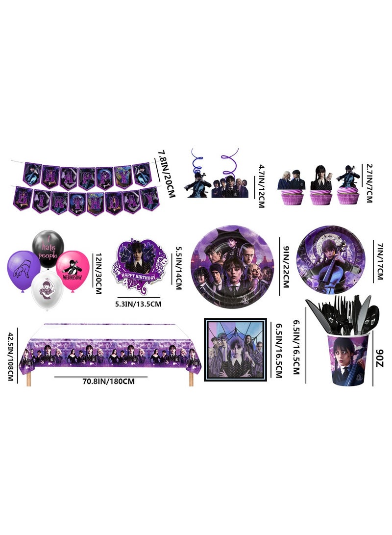 حفلة مثمرة زينة عيد ميلاد يوم الأربعاء لـ 10 ضيوف، 117 قطعة طقم أدوات مائدة لحفلات يوم الأربعاء يمكن التخلص منها أطباق ذات طابع سينمائي مناديل أكواب بالونات مفرش مائدة معلق على شكل دوامات - Image 3