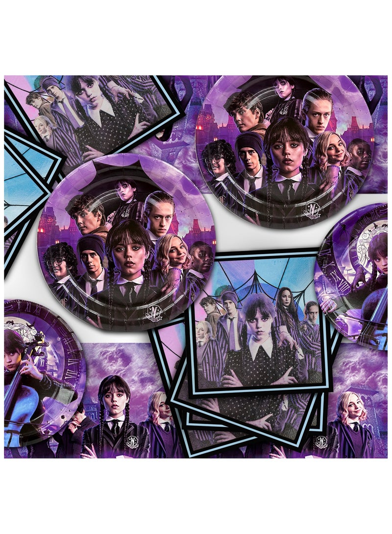 حفلة مثمرة زينة عيد ميلاد يوم الأربعاء لـ 10 ضيوف، 117 قطعة طقم أدوات مائدة لحفلات يوم الأربعاء يمكن التخلص منها أطباق ذات طابع سينمائي مناديل أكواب بالونات مفرش مائدة معلق على شكل دوامات - Image 5