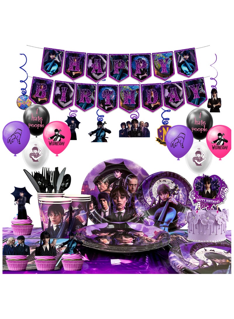 حفلة مثمرة زينة عيد ميلاد يوم الأربعاء لـ 10 ضيوف، 117 قطعة طقم أدوات مائدة لحفلات يوم الأربعاء يمكن التخلص منها أطباق ذات طابع سينمائي مناديل أكواب بالونات مفرش مائدة معلق على شكل دوامات - Image 1