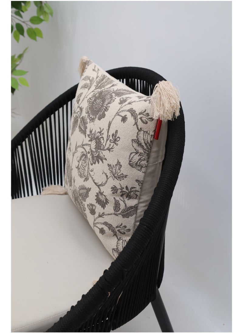 Ramsha - Grey and White Color Printed Home Decor Tassel Cushion with insert for bedroom– CS 327 - Image 1