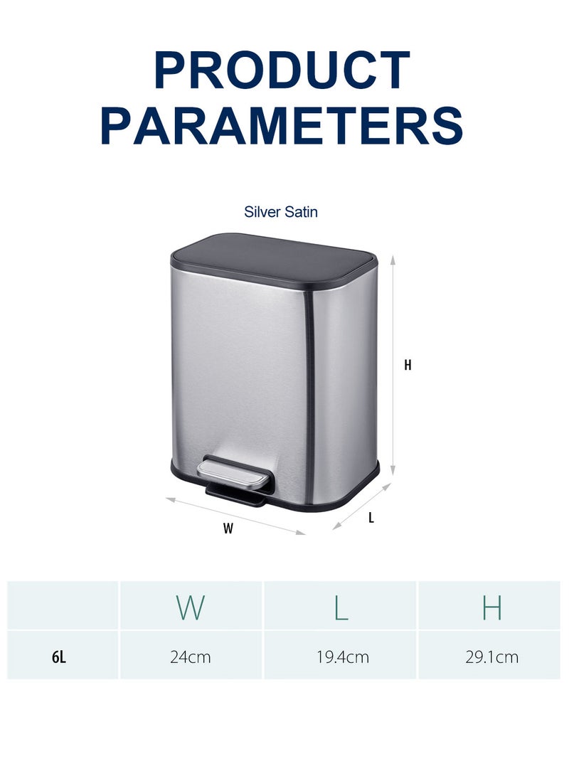 Noon East 6L Stainless Steel Trash Can with Soft Close Lid and Inner Bucket-Resistant Surface for Kitchen, Bathroom, Silver,  24 x 19.4 x 29.1 cm - Image 4