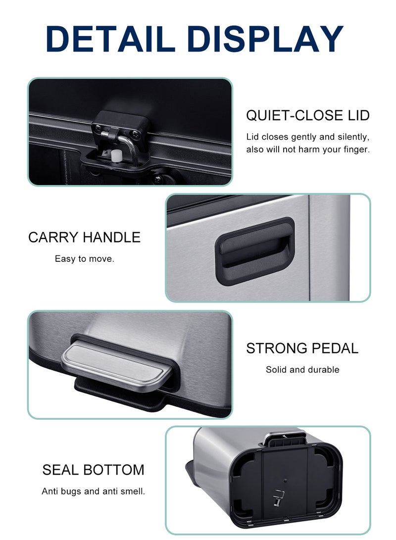 Noon East 6L Stainless Steel Trash Can with Soft Close Lid and Inner Bucket-Resistant Surface for Kitchen, Bathroom, Silver,  24 x 19.4 x 29.1 cm - Image 3