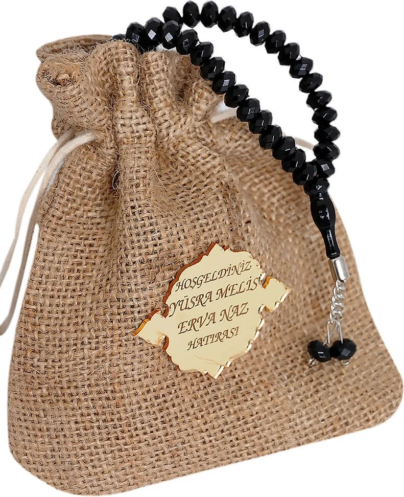 İhvan Ihvan Prayer Beads - Allah Vav Name Custom Plate Option - Jute Fabric Pouch - 99' Lu - Mevlid Gift