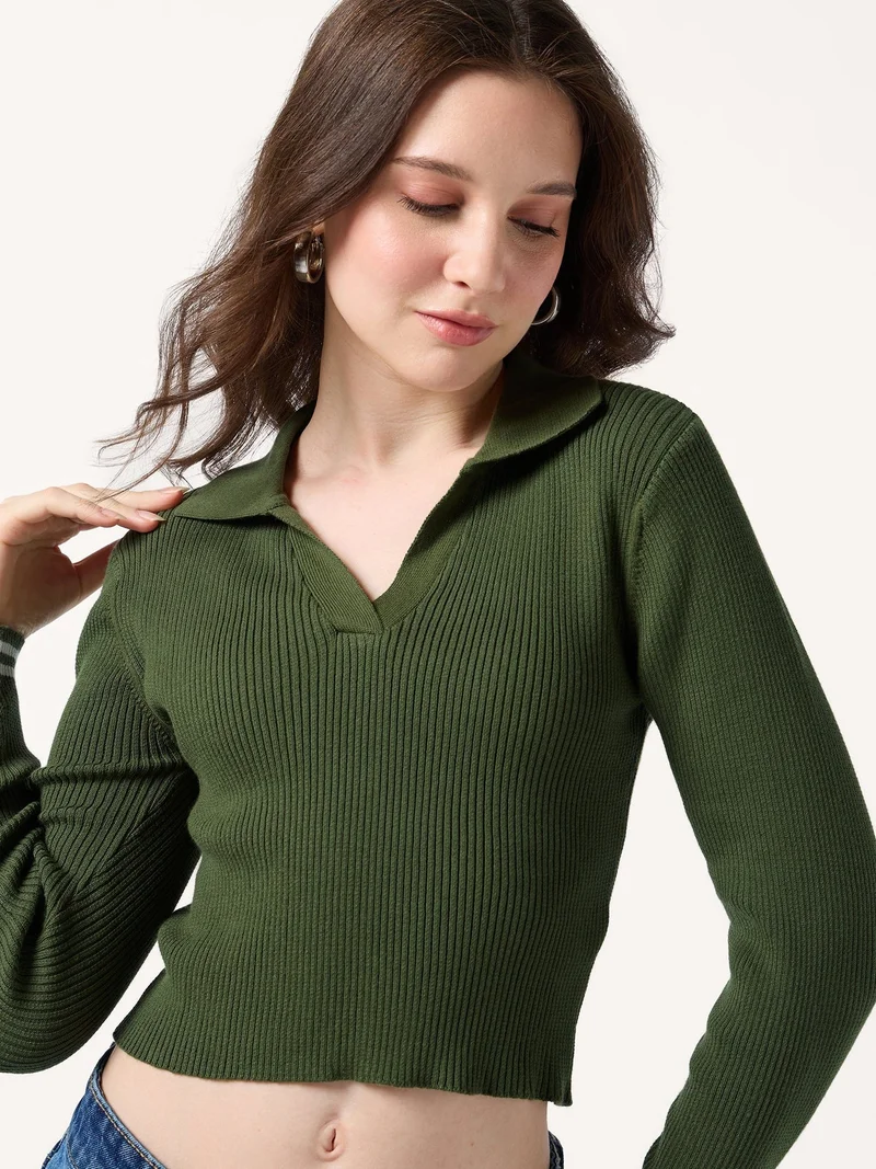 Outzidr  Oilve Contrast Tipping Polo Flat Knit Top for Women | Best Price UAE