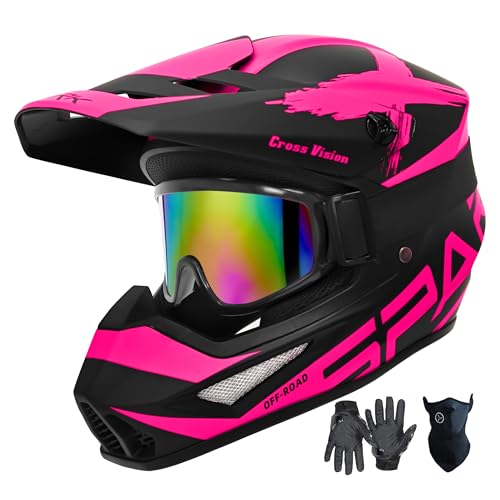SanQing Motocross Helmet,Youth Adult ATV Dirt Bike Motorcycle Helmet,BMX 4-Wheeler Off-Road Mountain Bike Helmet,DOT Certified,W/Gloves Goggles Mask 4-Piece Set (X Pink, Small) - Image 1