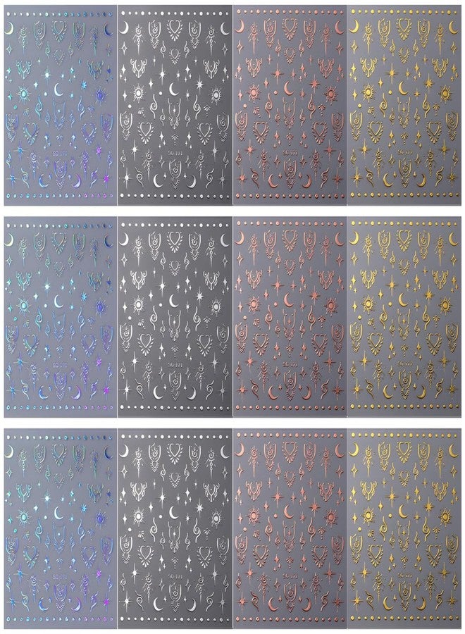ماي كرييت ملصقات تزيين الأظافر المعدنية ثلاثية الأبعاد ذاتية اللصق من MAYCREATE®، 12 ورقة، بتصميم نجمة وقمر معدني، مثالية لتزيين الأظافر بنفسك. - Image 2