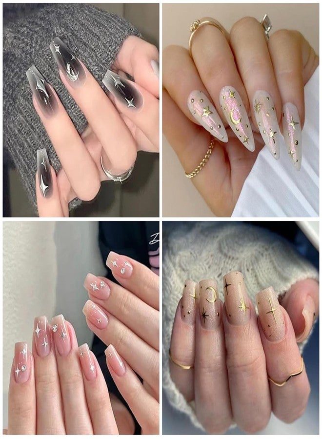 ماي كرييت ملصقات تزيين الأظافر المعدنية ثلاثية الأبعاد ذاتية اللصق من MAYCREATE®، 12 ورقة، بتصميم نجمة وقمر معدني، مثالية لتزيين الأظافر بنفسك. - Image 4