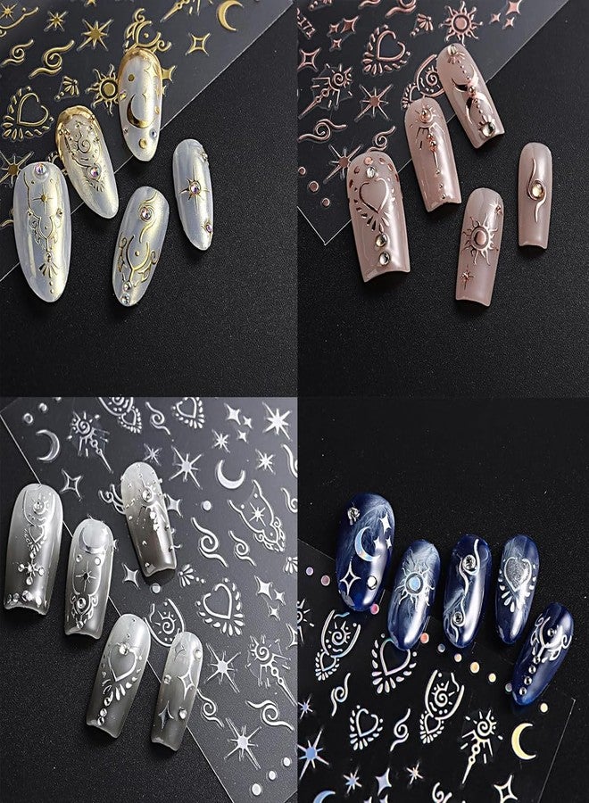 ماي كرييت ملصقات تزيين الأظافر المعدنية ثلاثية الأبعاد ذاتية اللصق من MAYCREATE®، 12 ورقة، بتصميم نجمة وقمر معدني، مثالية لتزيين الأظافر بنفسك. - Image 3