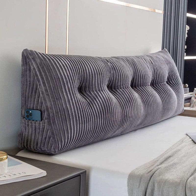 Activance Large Triangular Headboard Wedge Bed Rest Reading Pillow Backrest Positioning Support Bolster Cushion with Removable Cover Grey Queen 59x8x20 Inches