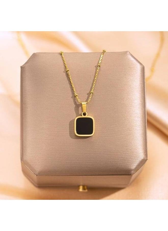 Generic - stainless steel Golden Necklace with Black Gemstone, 24 Inches Chain - Image 1