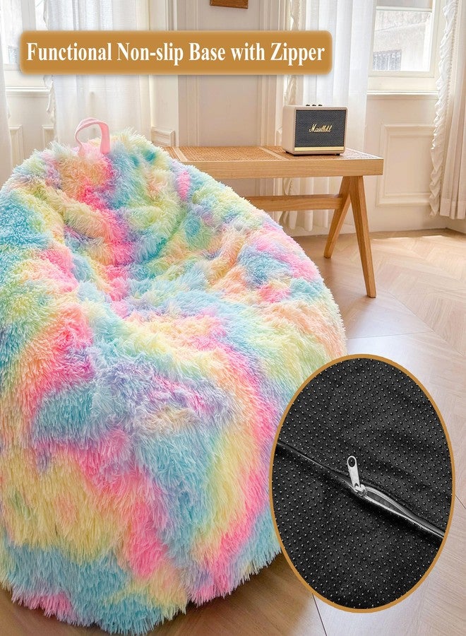 XeGe Kids Fluffy Faux Fur Bean Bag Chair Cover (No Filler), Soft Furry Stuffed Animal Storage Bean Bag Cover for Plush Toys, Shaggy Fuzzy Beanbag for Kids Teens Girls Children, Anti-Slip, Rainbow - Image 4