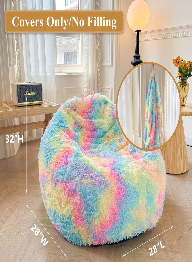 XeGe Kids Fluffy Faux Fur Bean Bag Chair Cover (No Filler), Soft Furry Stuffed Animal Storage Bean Bag Cover for Plush Toys, Shaggy Fuzzy Beanbag for Kids Teens Girls Children, Anti-Slip, Rainbow - Image 2
