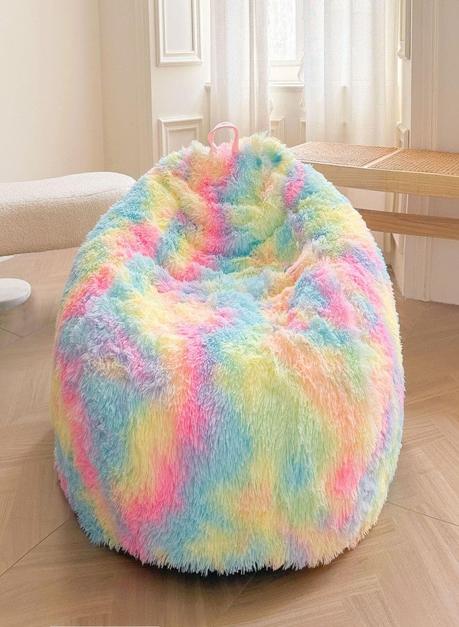 XeGe Kids Fluffy Faux Fur Bean Bag Chair Cover (No Filler), Soft Furry Stuffed Animal Storage Bean Bag Cover for Plush Toys, Shaggy Fuzzy Beanbag for Kids Teens Girls Children, Anti-Slip, Rainbow - Image 1