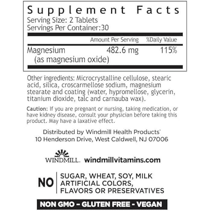 Windmill Natural Vitamins Magnesium Oxide 400 mg, Immune Support, Supports Muscle Recovery, Supports Healthy Heart, 60 Count, 30 Servings - Image 2