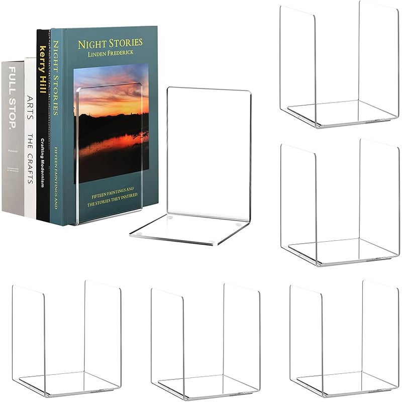 HappyHapi Book Ends Acrylic Bookends for Shelves, Clear Book Holder Stand, Non-Skid Decorative Bookend, Study Book Organizer for Home Library Office, 5 x 5 x 7.3 in (6 Pair/ 12 Pcs, Large) - Image 1