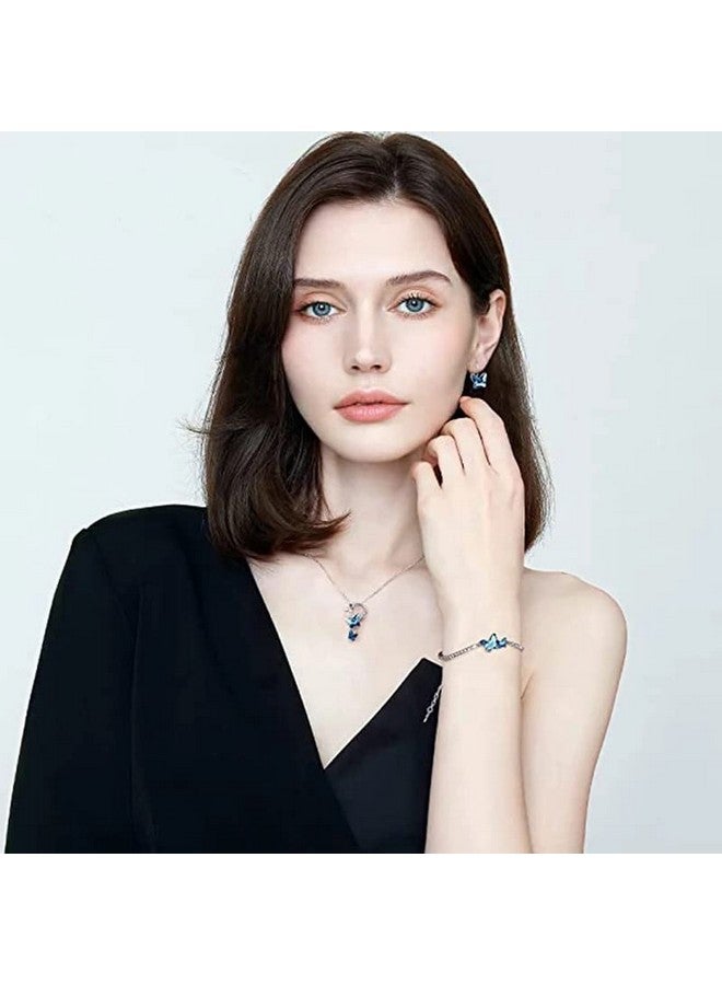 Shining Diva Fashion Shining Diva Fashion Italian Designer Platinum Plated Crystal Butterfly Earrings Chain Pendant Necklace Combo Jewellery Set for Women and Girls (Blue) (14603s) - Image 3