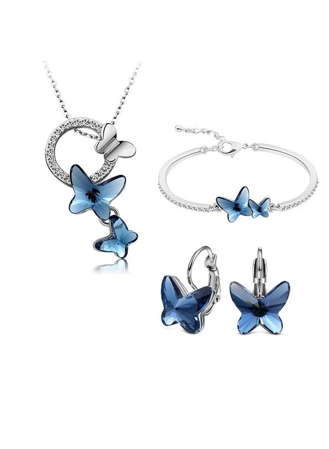 Shining Diva Fashion Shining Diva Fashion Italian Designer Platinum Plated Crystal Butterfly Earrings Chain Pendant Necklace Combo Jewellery Set for Women and Girls (Blue) (14603s) - Image 1