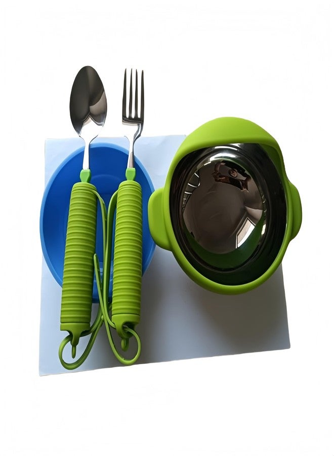 UKYCEORA Assisted Dining Tableware Set, Suitable for Elderly, Alzheimer's or Rehabilitation People, Fork,Spoon, Bowl.(Green) - Image 1