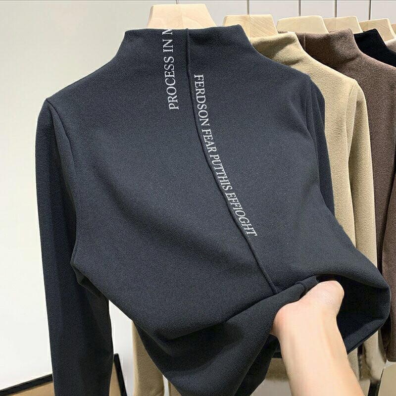 Generic Warm brushed half turtleneck T-shirt womens slimming thickened womens top 2024 new long sleeve bottoming shirt wholesale Brown  - Image 1
