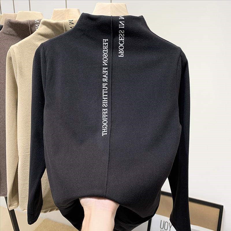 Generic Warm brushed half turtleneck T-shirt womens slimming thickened womens top 2024 new long sleeve bottoming shirt wholesale Brown  - Image 3