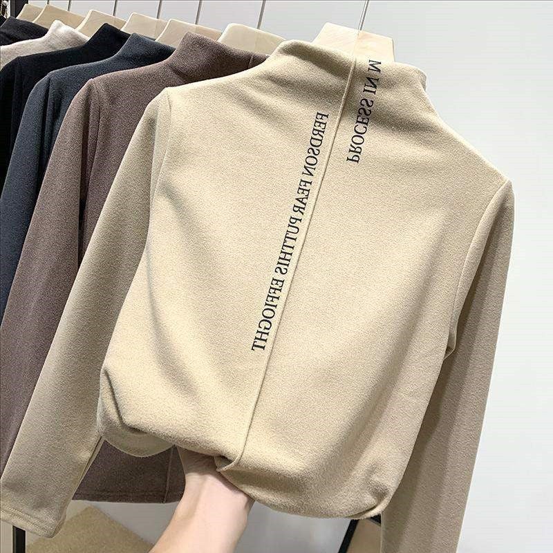 Generic Warm brushed half turtleneck T-shirt womens slimming thickened womens top 2024 new long sleeve bottoming shirt wholesale Brown  - Image 2
