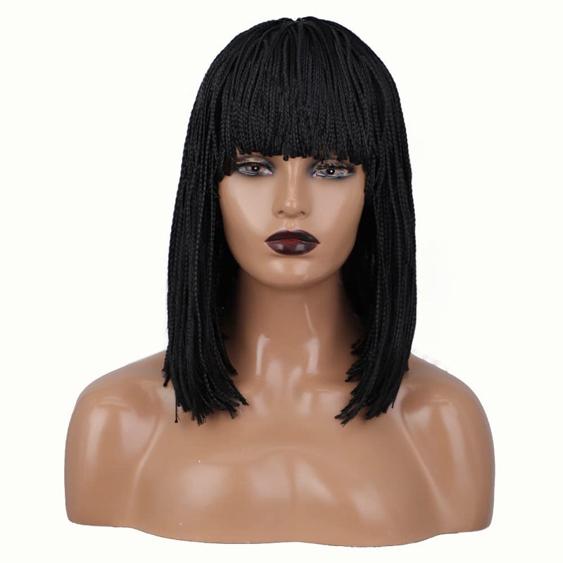 FCHWwig Braided Wigs For Black Women Synthetic Short Bob Black Box Braided Wig With Bangs Small Box Braided Wigs African American Bob Braid Wigs for Black Women 12inch Black BZ7790