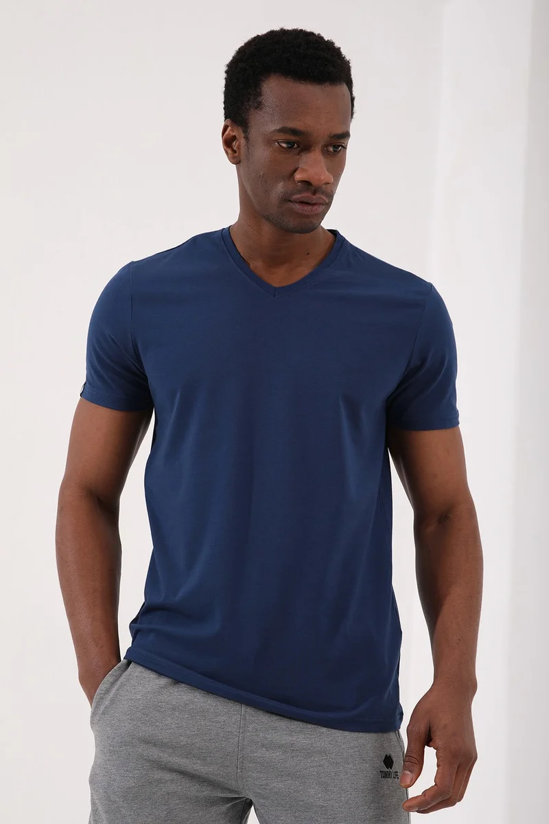 Tommy Life Indigo Men's Basic Short Sleeve Standard Pattern V Neck T-Shirt - 87912