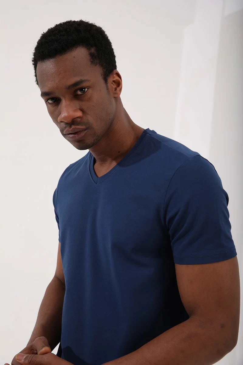 Tommy Life Indigo Men's Basic Short Sleeve Standard Pattern V Neck T-Shirt - 87912
