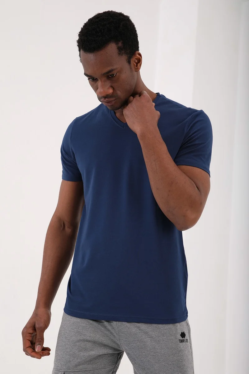 Tommy Life Indigo Men's Basic Short Sleeve Standard Pattern V Neck T-Shirt - 87912